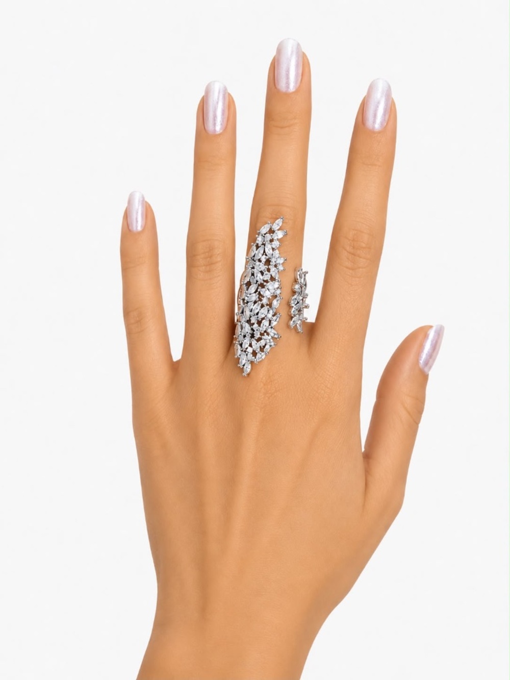 Silver Tone Leaf Statement Ring Adjustable Cubic Zirconia Cocktail Sparkling